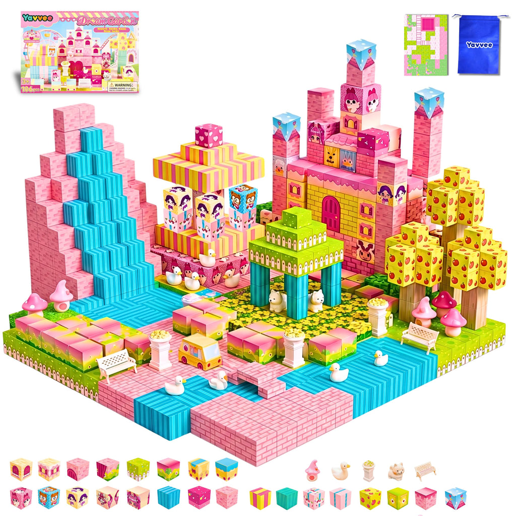Yavvee Dream Garden Magnetic Building Cubes 106 Pcs with 70+ Challenge Board