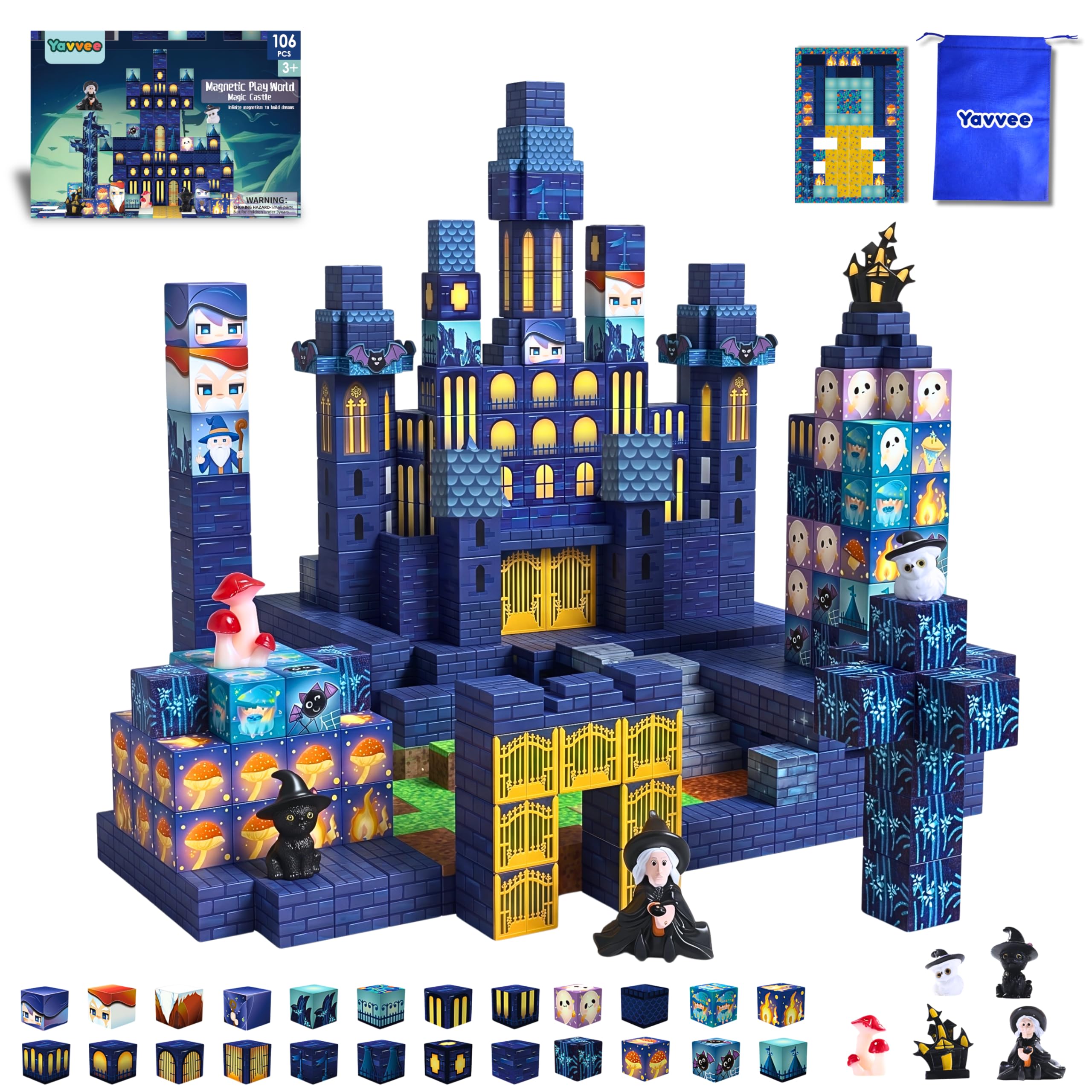 Yavvee Magic Castle Magnetic Building Cubes 106 Pcs with 70+ Challenge Board