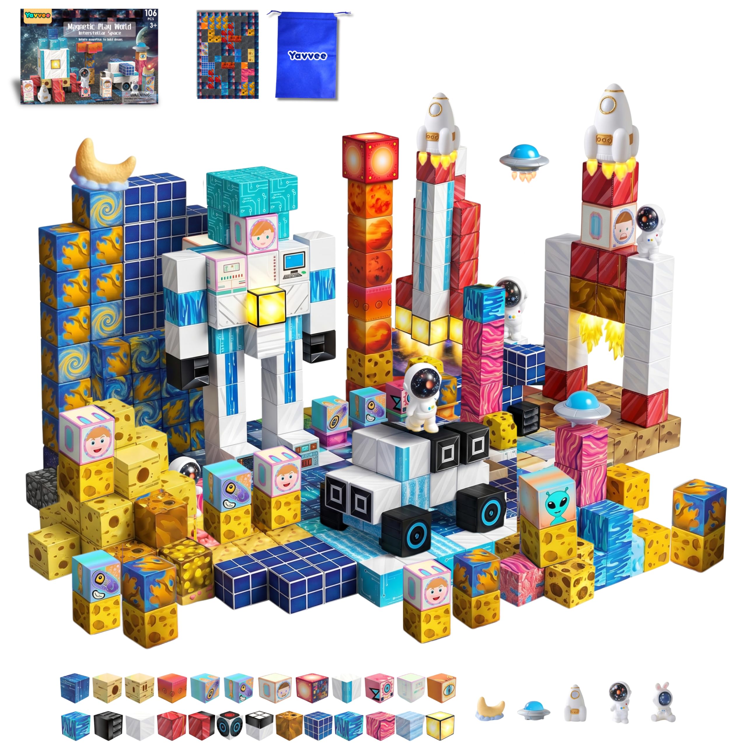 Yavvee Interstellar Space Magnetic Building Cubes 106 Pcs with 70+ Challenge Board