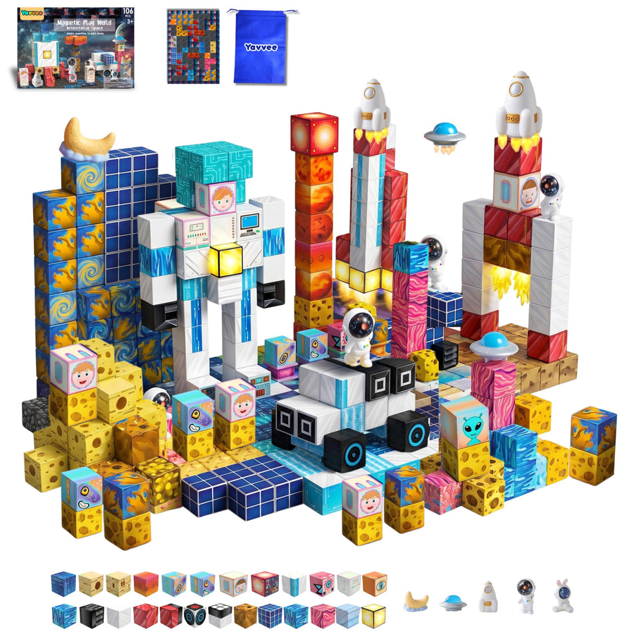 Yavvee Magnetic Building Cubes — 106-Piece STEM Set with Challenge Board