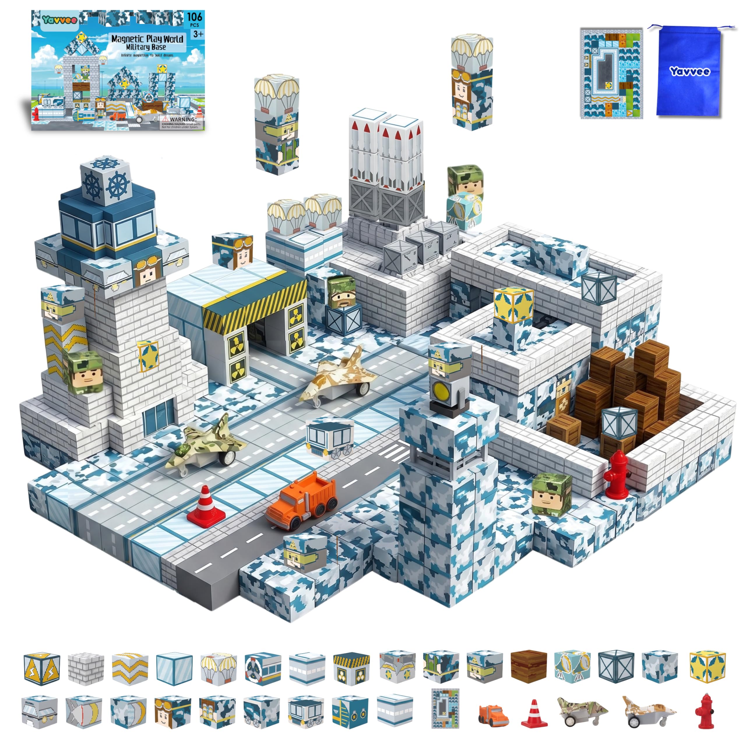 Yavvee Military Base Magnetic Building Cubes 106 Pcs with 70+ Challenge Board